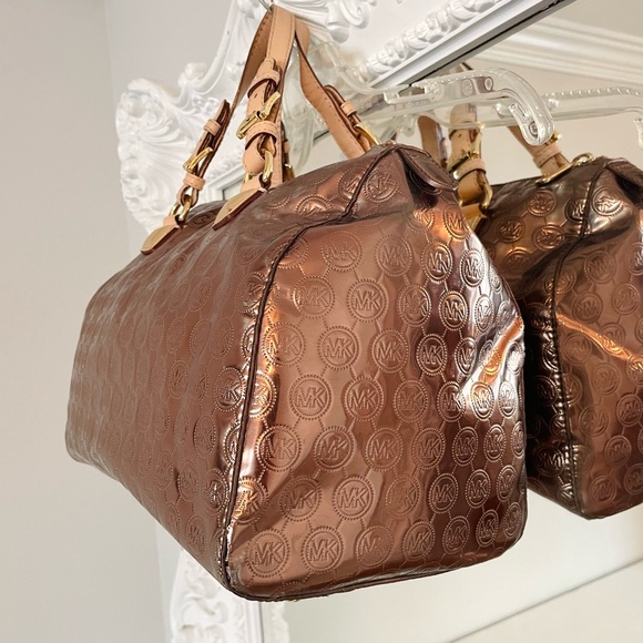 MICHAEL KORS Bronze Signature Logo Patent Leather Grayson Satchel Shoulder Bag - Picture 7 of 12